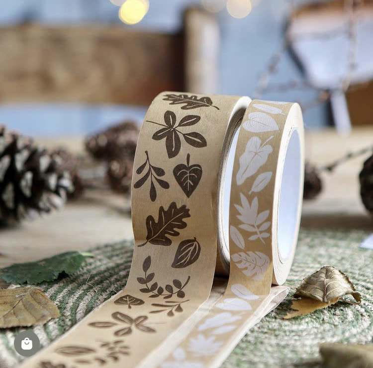 Two leaf-pattern tape rolls, dark ink and white ink on kraft